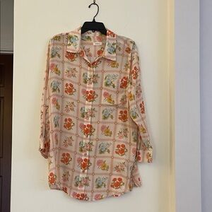 Spell Floral Grid Button-Up Blouse in Cream, Red, Blue